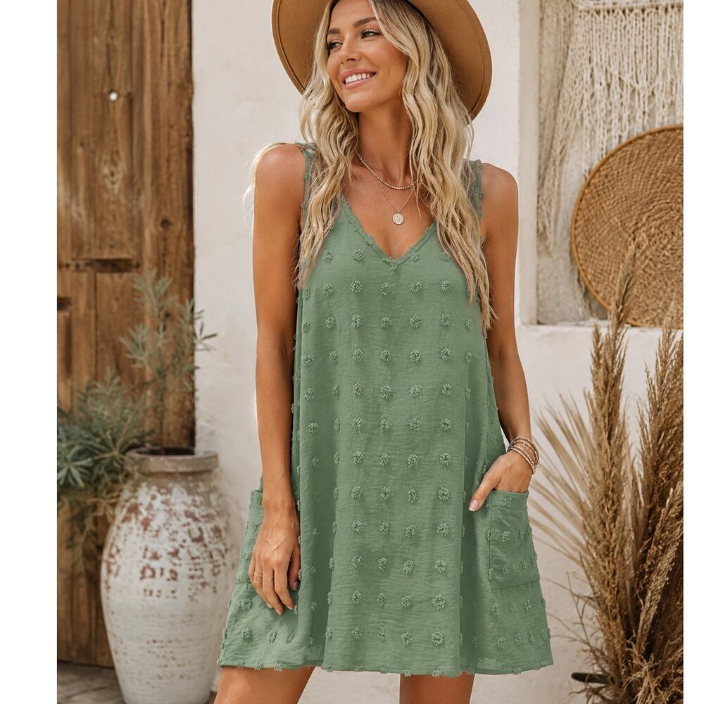 Blooming Jelly NEW Swiss Dot Mini Dress Coverup Womens Large Green Pockets NWT